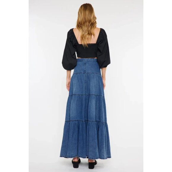 KanCan Size L Thalia Denim Tiered Maxi Skirt Dark Wash Zip-Fly Cottagcore - Picture 3 of 13